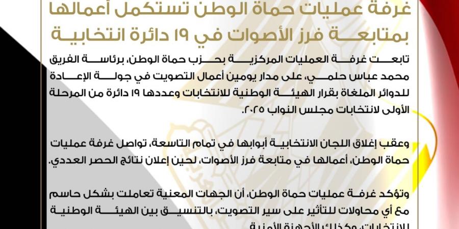 غرفة عمليات حماة الوطن تستكمل أعمالها بمتابعة فرز الأصوات في 19 دائرة انتخابية