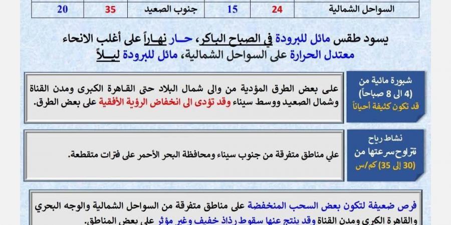 حالة الطقس اليوم الخميس في مصر.. ارتفاع تدريجي في درجات الحرارة وشبورة صباحية